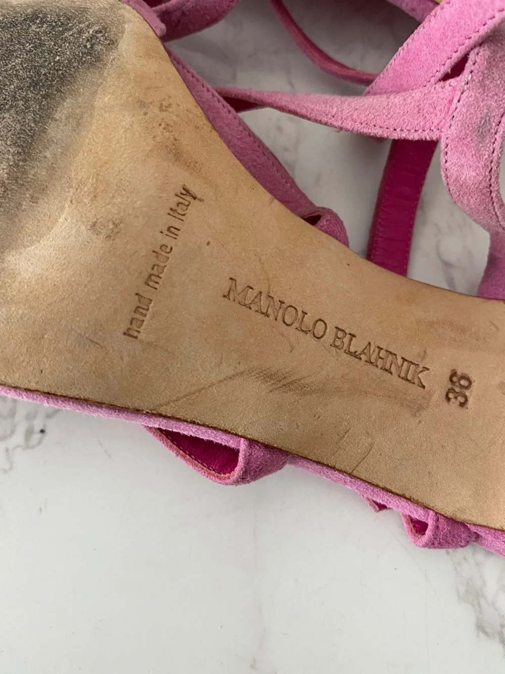 Manolo Blahnik Strappy Heels Sz 36 (US 6) Pink Suede Barbiecore Bridesmaid